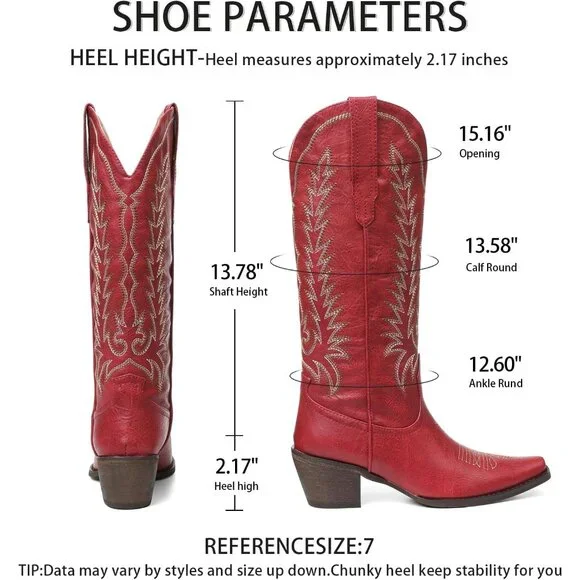 Women's Red Embroidered Western Knee High Boots Pointed Toe Chunky Heel - Picture 4 of 6